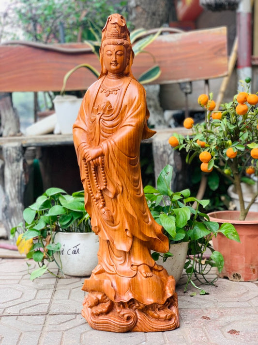 Tượng Quan Âm Đứng Lá Sen Gỗ Hương Đá Cao 70