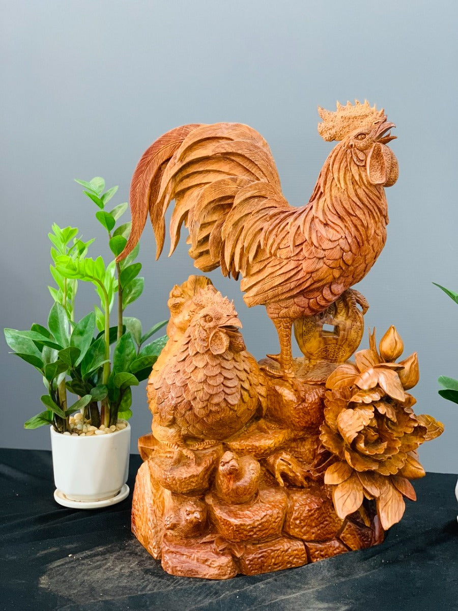 Tượng Con Gà - Gia đình gà gỗ hương ta