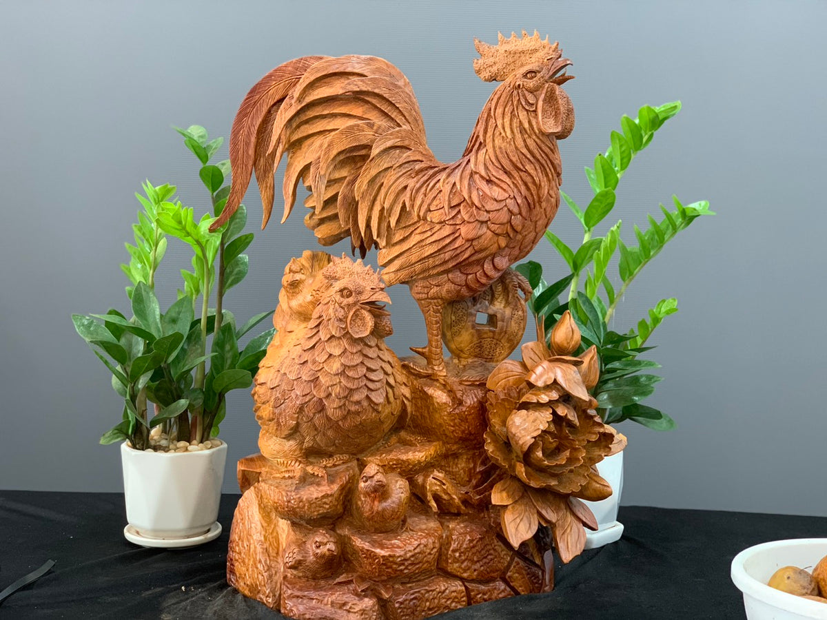 Tượng Con Gà - Gia đình gà gỗ hương ta