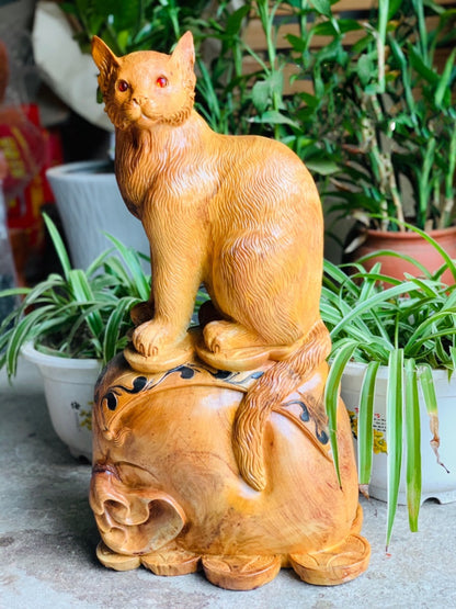 Tượng Linh Vật Con Mèo Ngồi Bao Tiền Tài Lộc Gỗ Hương Ta Cao 57