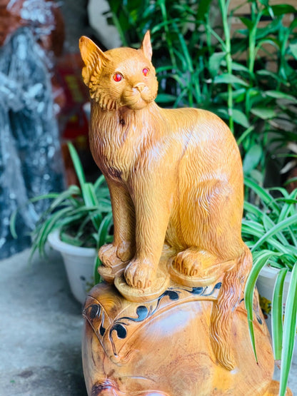 Tượng Linh Vật Con Mèo Ngồi Bao Tiền Tài Lộc Gỗ Hương Ta Cao 57