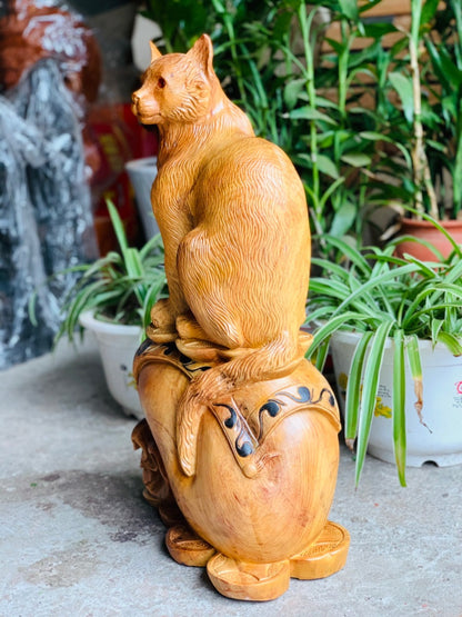 Tượng Linh Vật Con Mèo Ngồi Bao Tiền Tài Lộc Gỗ Hương Ta Cao 57