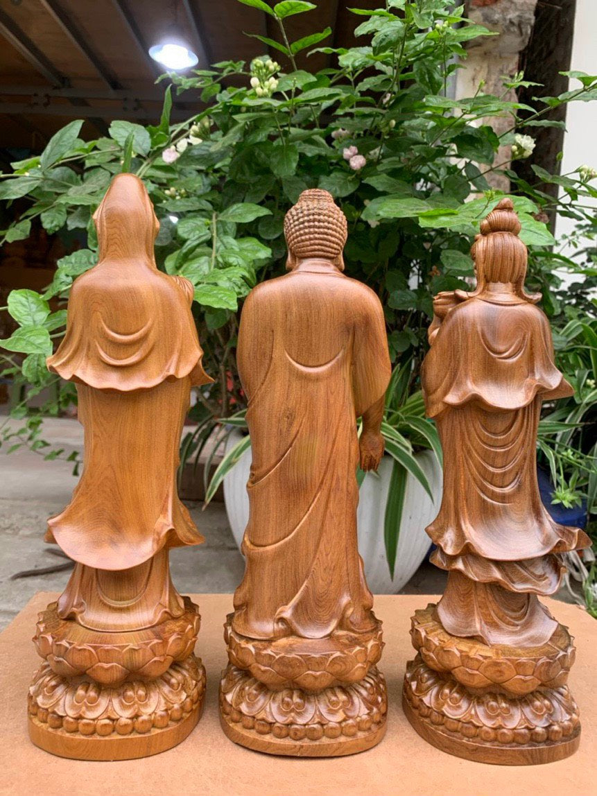 Tượng Tây Phương Tam Thánh Phật Đứng Đài Sen - Gỗ Bách Cao 30
