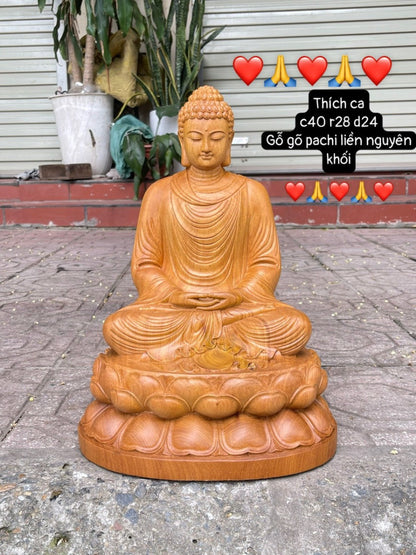 Tượng Phật Bổn Sư Thích Ca Tọa Đài Sen - Gỗ Gõ Pachi  Nguyên Khối