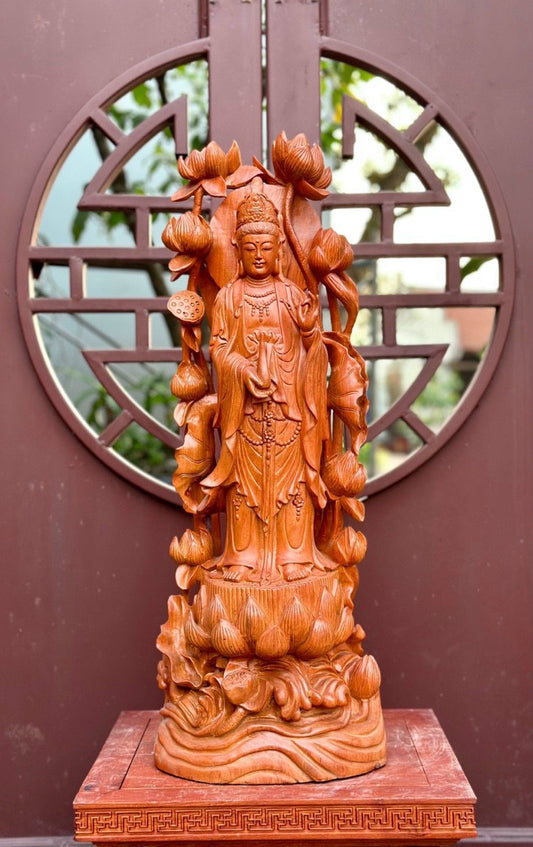 Tượng Phật Bà  Đứng Lá Sen Gỗ Hương Đá Cao 70