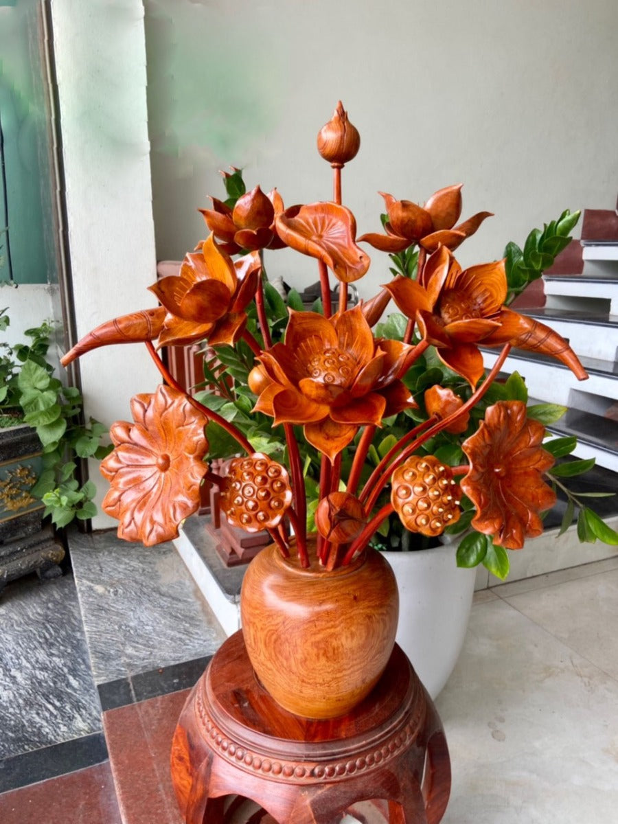 Bình Hoa Sen 17 Cành Gỗ Hương Đá