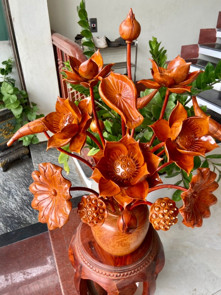 Bình Hoa Sen 17 Cành Gỗ Hương Đá