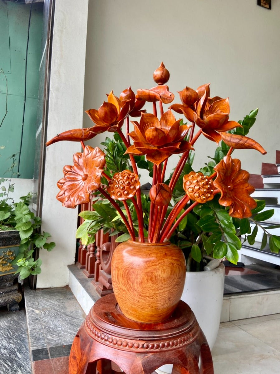 Bình Hoa Sen 17 Cành Gỗ Hương Đá