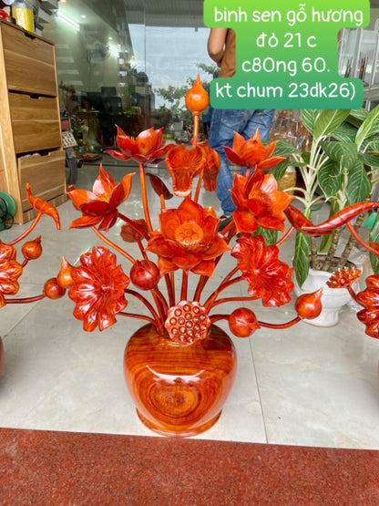 Bình Hoa Sen Phong Thủy Gỗ Hương Đỏ 21 Cành