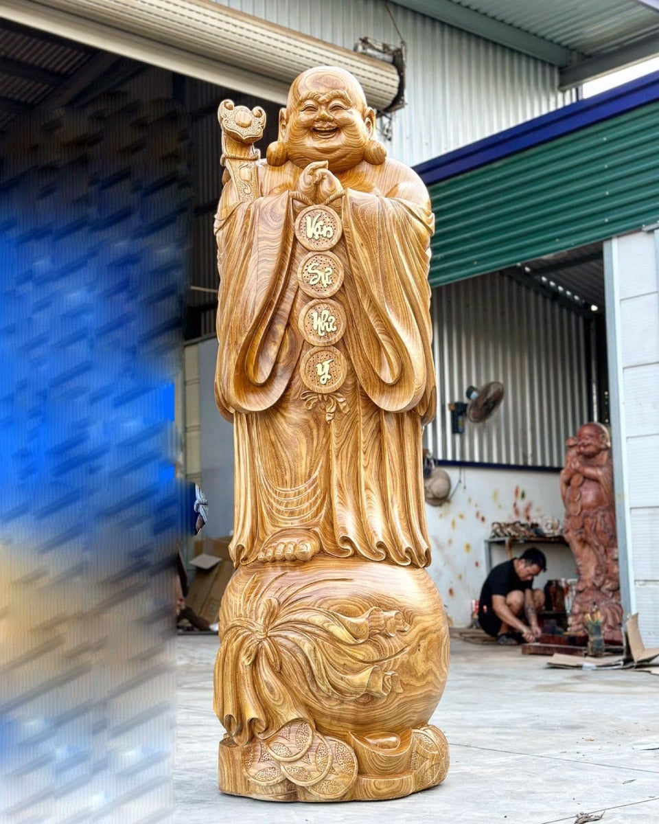 Tượng Phật Di Lặc Chúc Phúc Cầm Gậy Như Ý - Gỗ Cẩm Vàng Cao 2m