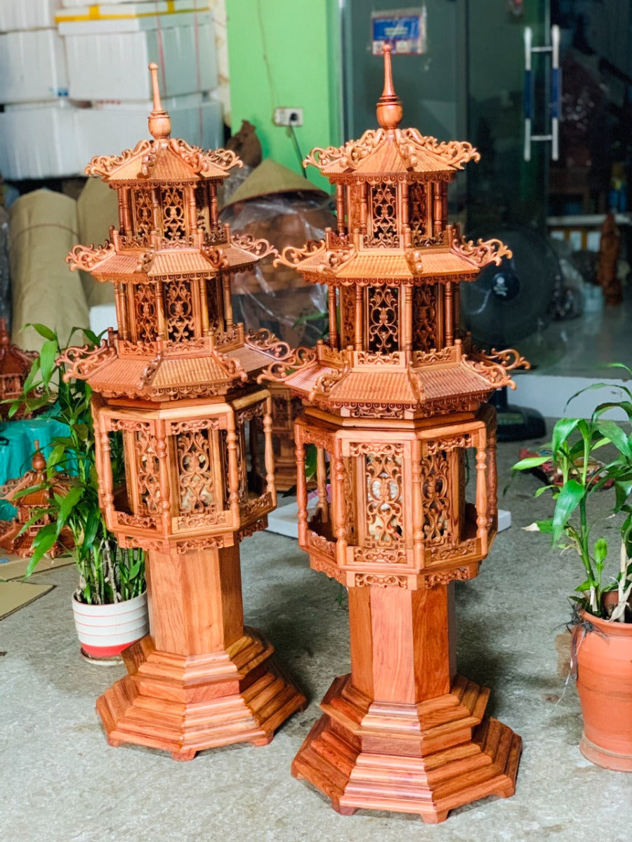 Cặp Đèn Thờ Tháp 3 Tầng Gỗ Hương Cao Cấp Cao 127cm