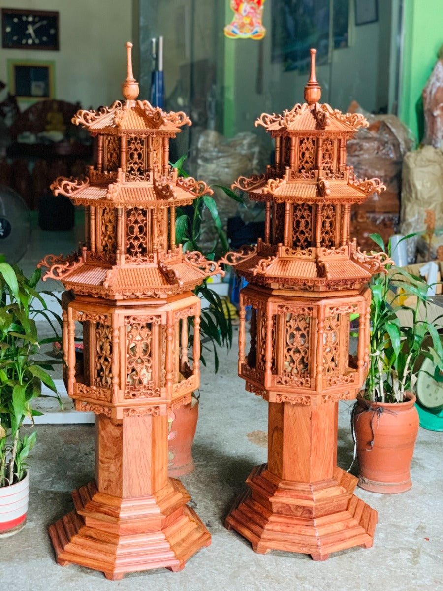 Cặp Đèn Thờ Tháp 3 Tầng Gỗ Hương Cao Cấp Cao 127cm