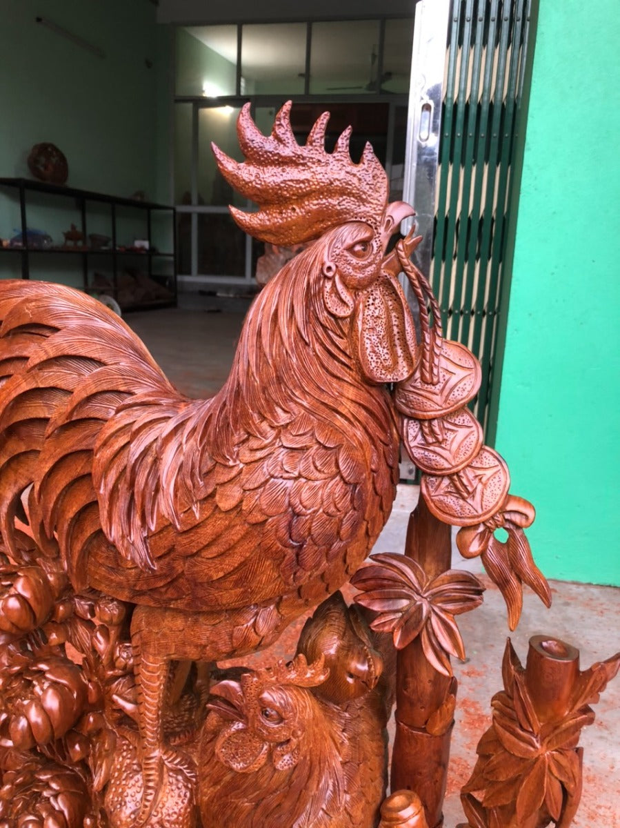 Tượng Gia Đình Gà Gỗ Hương Việt Cao 98cm