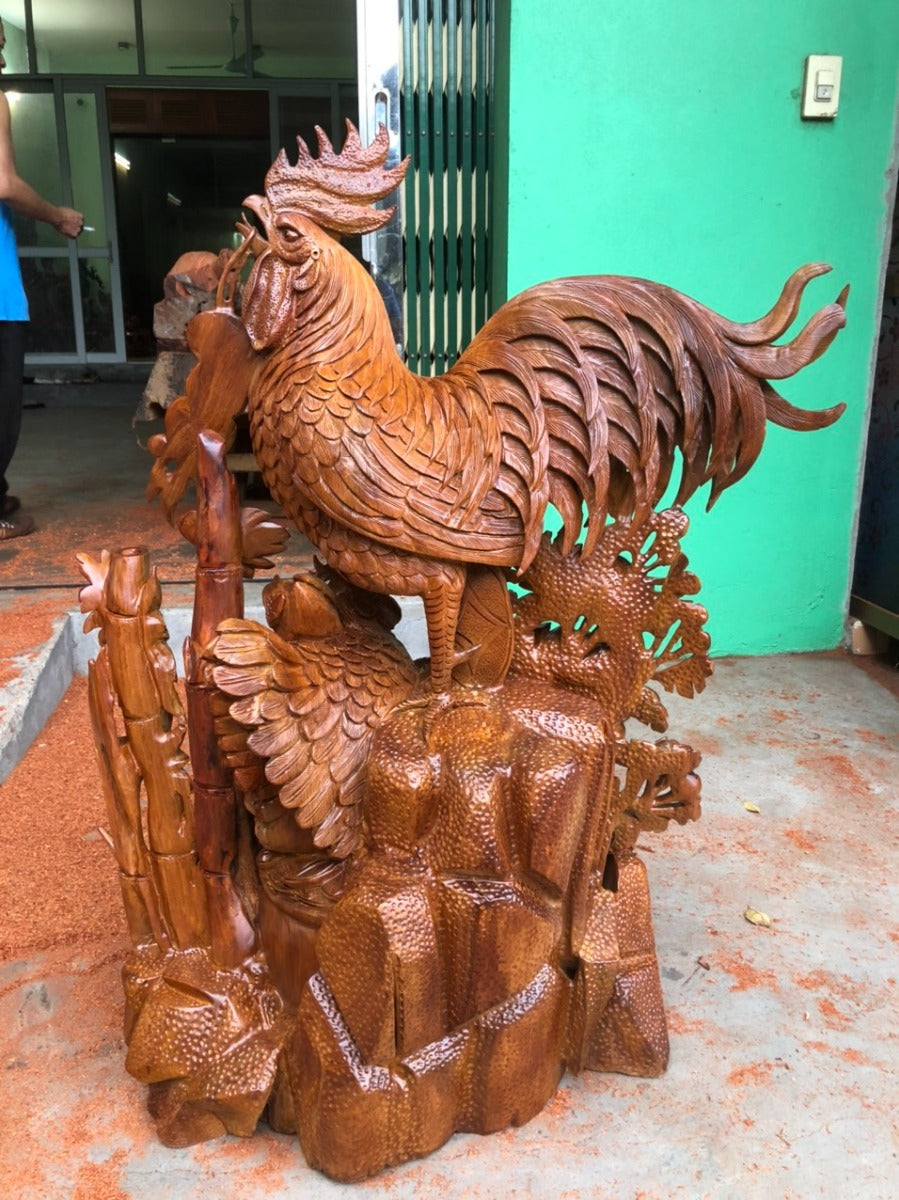 Tượng Gia Đình Gà Gỗ Hương Việt Cao 98cm