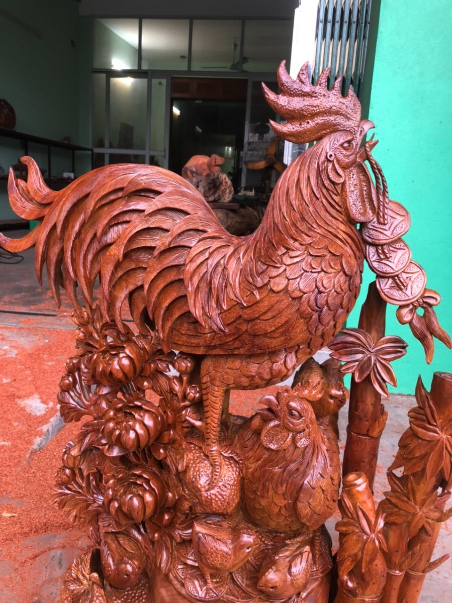 Tượng Gia Đình Gà Gỗ Hương Việt Cao 98cm