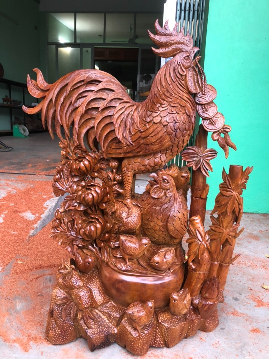 Tượng Gia Đình Gà Gỗ Hương Việt Cao 98cm