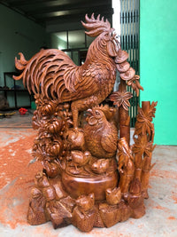 Tượng Gia Đình Gà Gỗ Hương Việt Cao 98cm