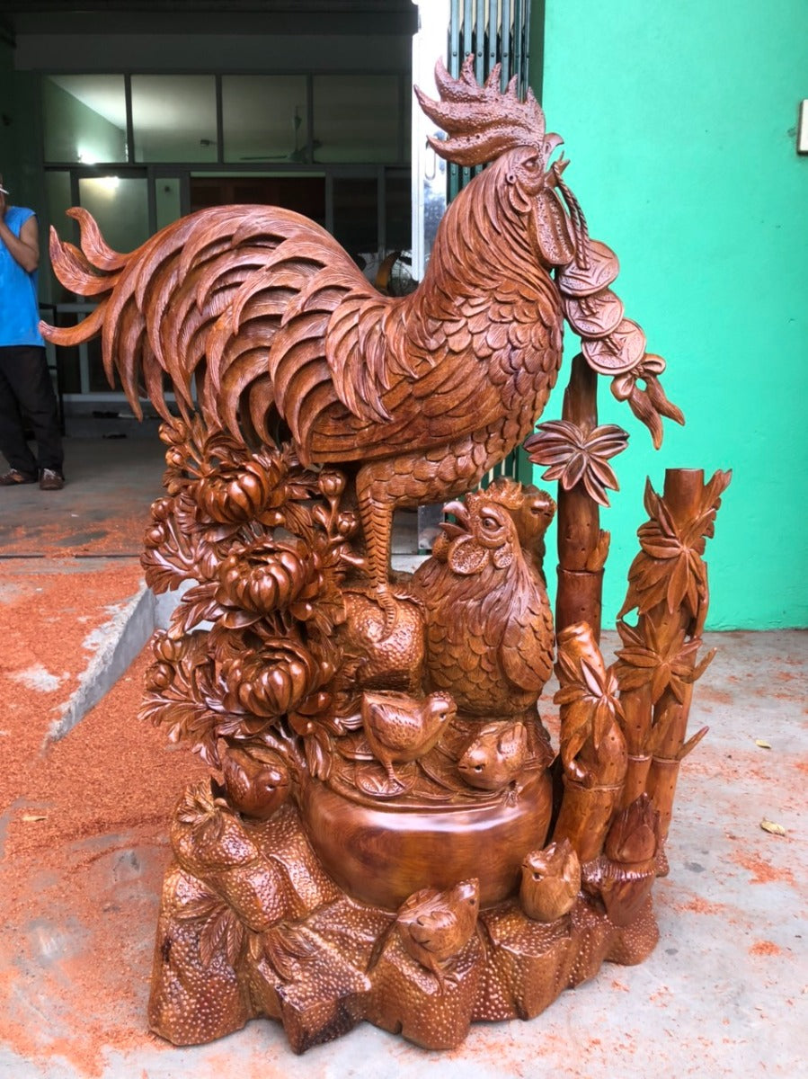 Tượng Gia Đình Gà Gỗ Hương Việt Cao 98cm