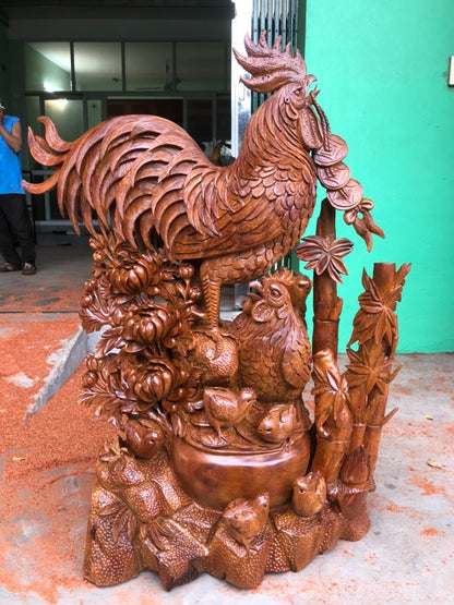 Tượng Gia Đình Gà Gỗ Hương Việt Cao 98cm