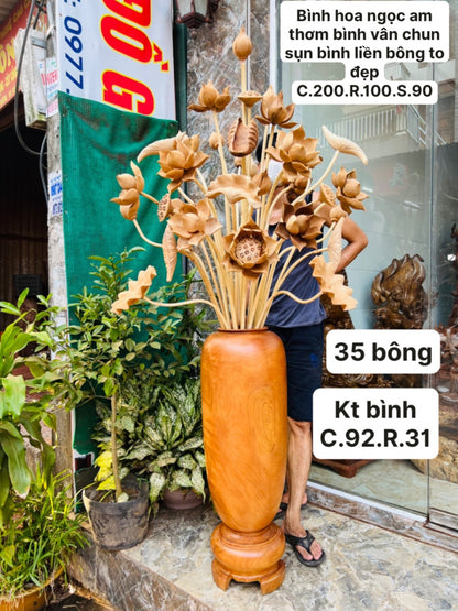 Bình Hoa Sen Gỗ Ngọc Am 35 Bông Cao 92cm