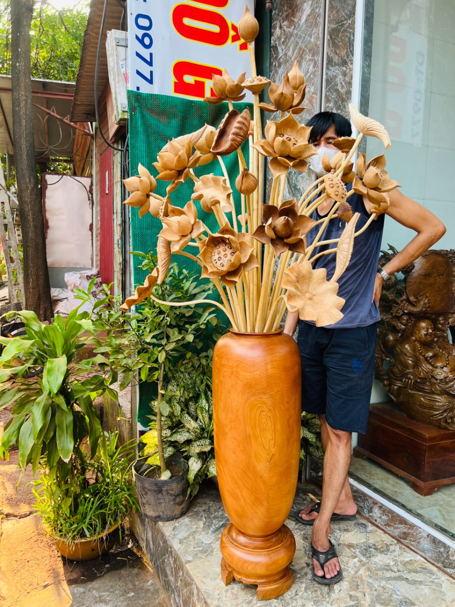 Bình Hoa Sen Gỗ Ngọc Am 35 Bông Cao 92cm