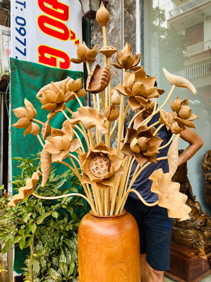 Bình Hoa Sen Gỗ Ngọc Am 35 Bông Cao 92cm