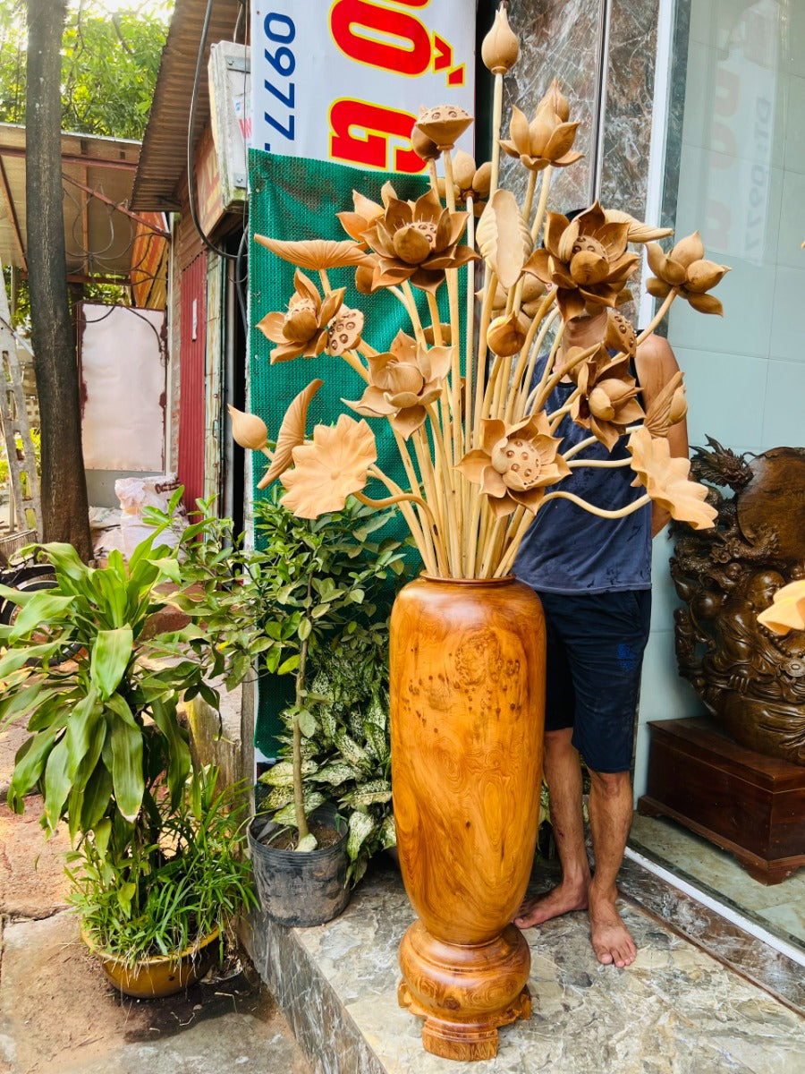 Bình Hoa Sen Gỗ Ngọc Am 35 Bông Cao 92cm