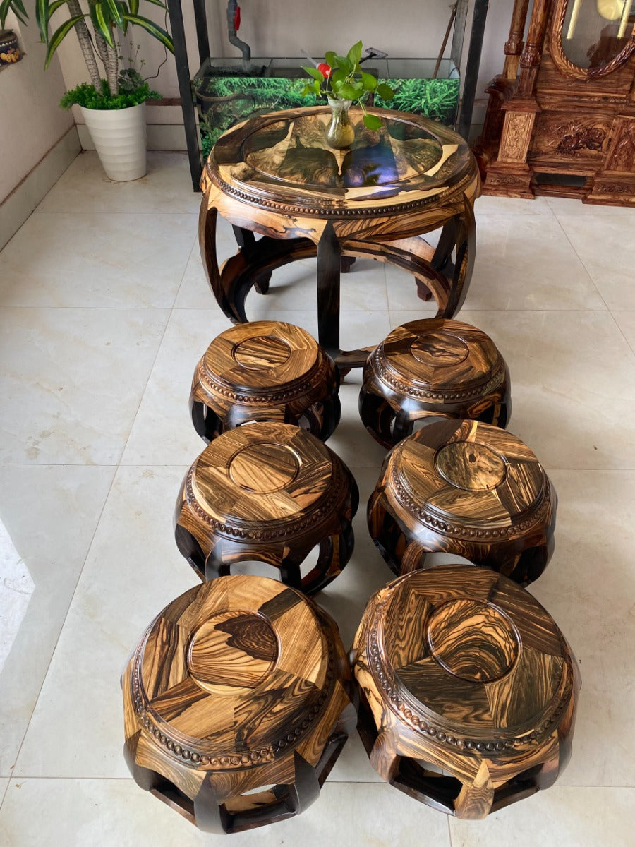Bộ Đôn Bàn Trà Tròn Gỗ Mun Hoa Cao Cấp