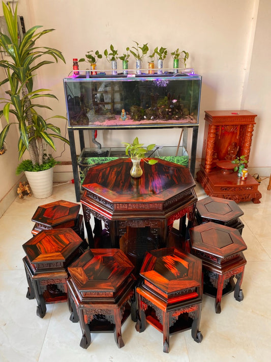 Bộ Đôn Bàn Trà Lục Giác Gỗ Trắc Tự Nhiên Cao Cấp