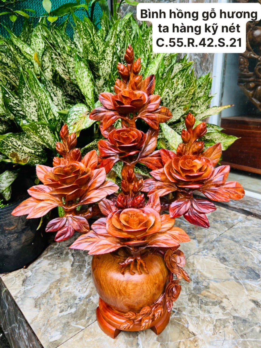 Bình Hoa Hồng Chế Tác Từ Gỗ Hương Ta Cao 55cm