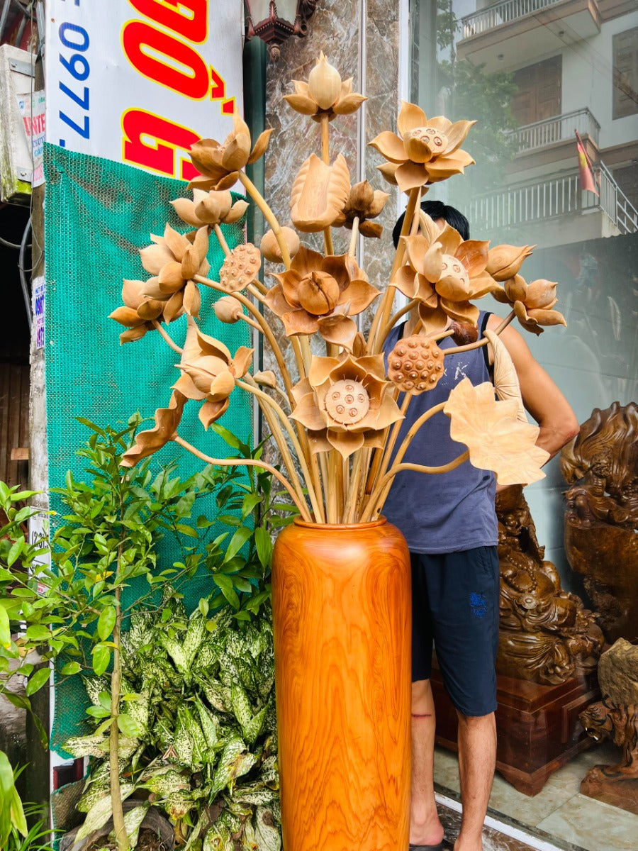 Bình Hoa Sen Gỗ Ngọc Am 30 Bông - Bình Cao 98