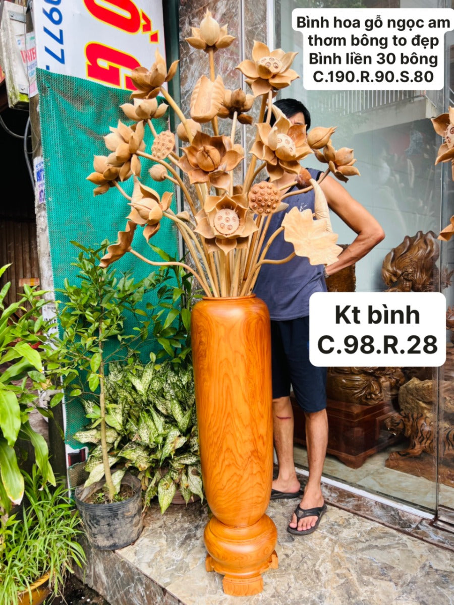 Bình Hoa Sen Gỗ Ngọc Am 30 Bông - Bình Cao 98