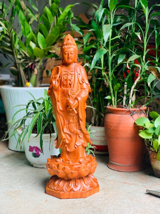 Tượng Gỗ Quan Âm Đứng Đài Sen Cao 60cm Gỗ Hương Đá