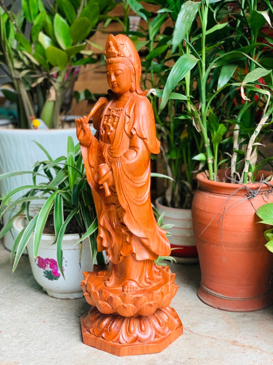 Tượng Gỗ Quan Âm Đứng Đài Sen Cao 60cm Gỗ Hương Đá