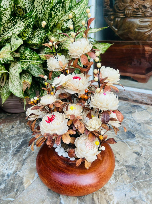 Bình Hoa Nghệ Thuật Trang Trí Lá Gỗ Sưa, Hoa Ngà