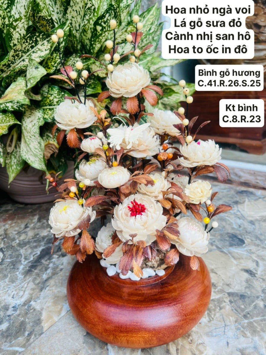 Bình Hoa Nghệ Thuật Trang Trí Lá Gỗ Sưa, Hoa Ngà
