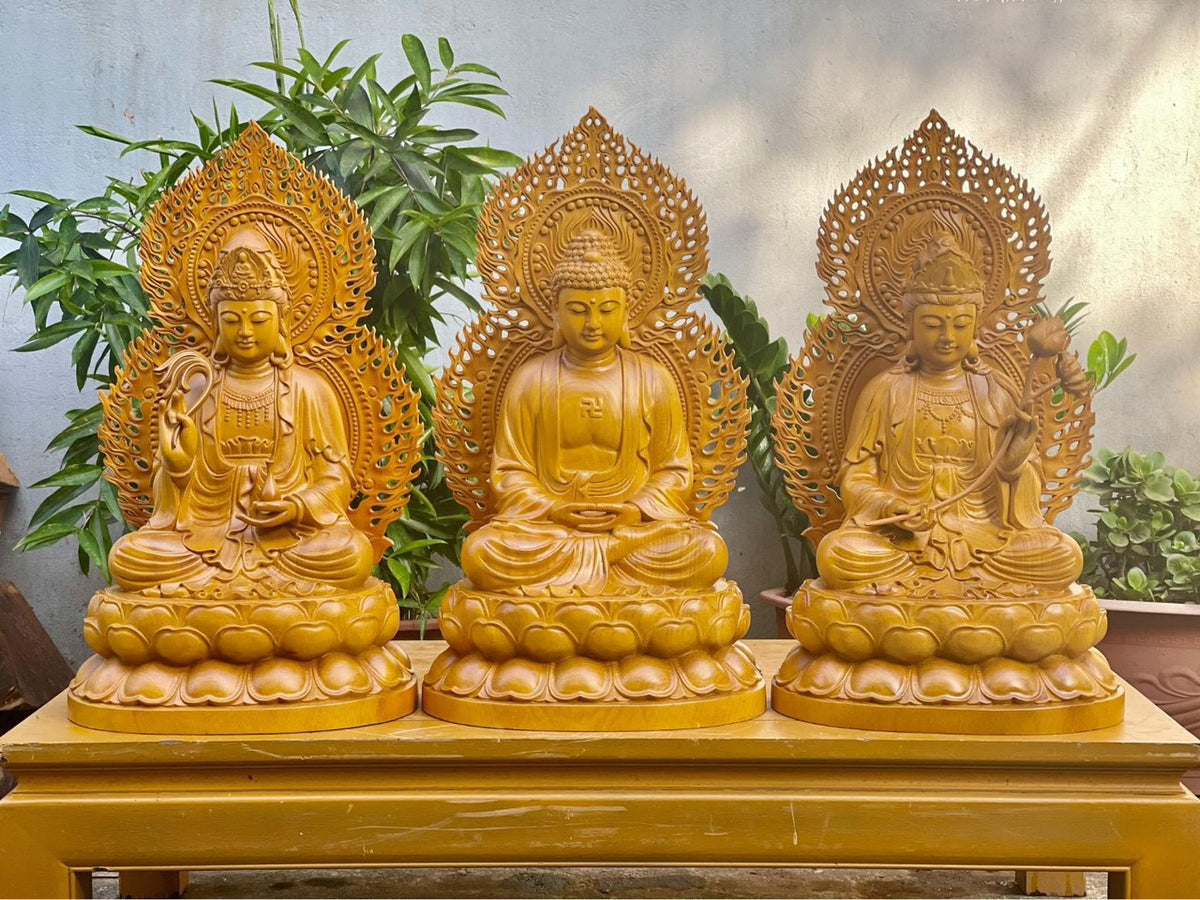 Bộ Tượng Phật Tây Phương Tam Thánh Gỗ Gõ Vàng Cao 50cm