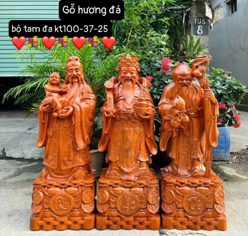 Tượng Tam Đa Phúc Lộc Thọ Gỗ Hương Đá Cao 1m