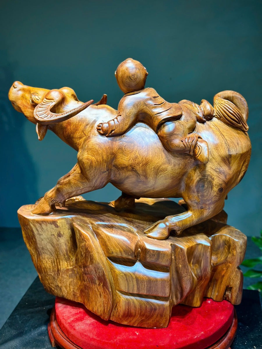 Tượng Tiểu Đồng Chăn Trâu Gỗ Hương Ta - Nguyên Khối