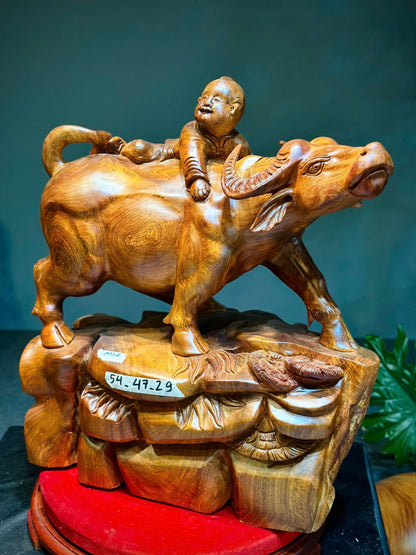Tượng Tiểu Đồng Chăn Trâu Gỗ Hương Ta - Nguyên Khối