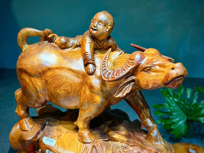 Tượng Tiểu Đồng Chăn Trâu Gỗ Hương Ta - Nguyên Khối