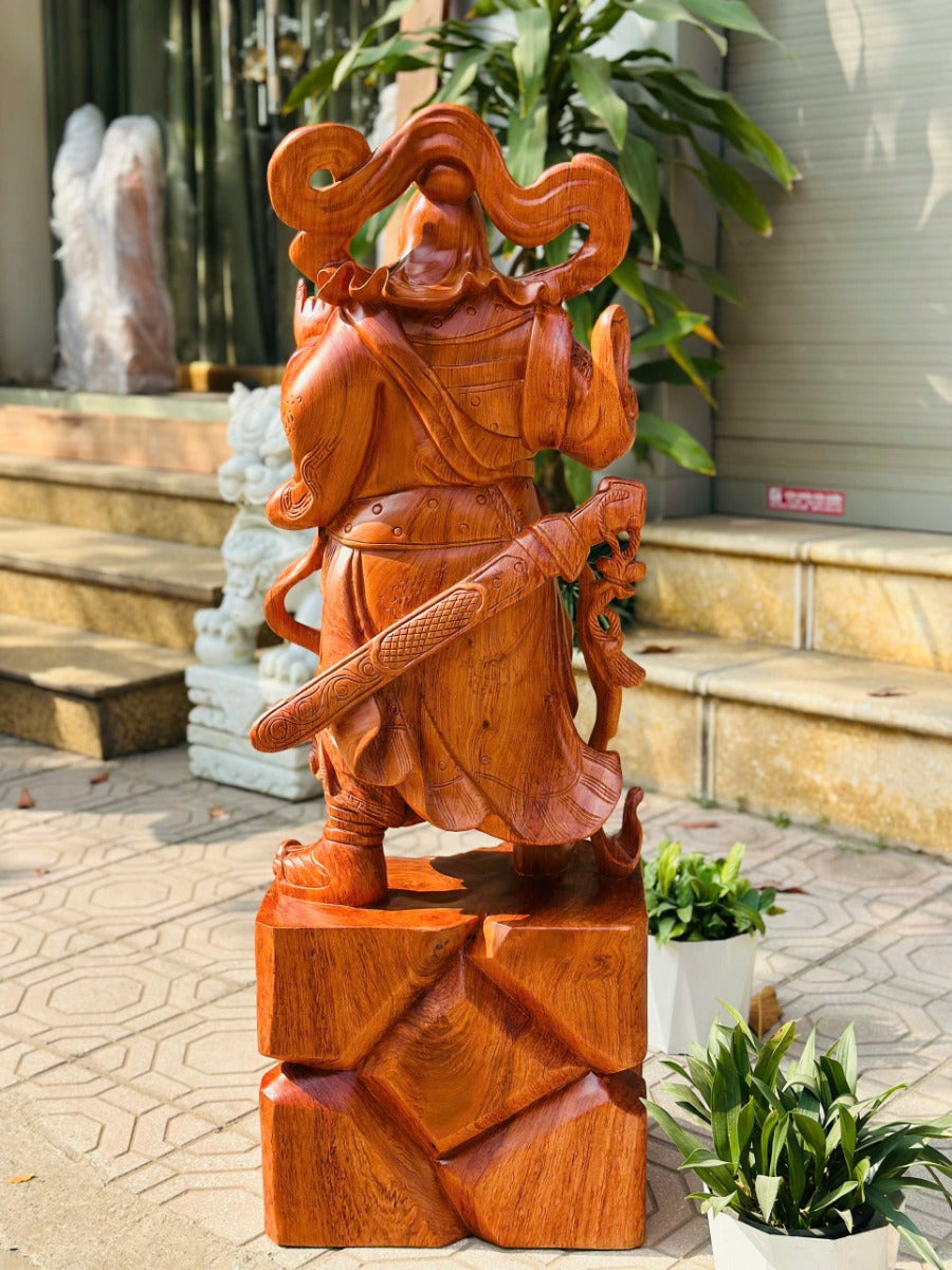 Tượng Quan Công Gỗ Hương Đứng Chống Đao - Cao 120cm