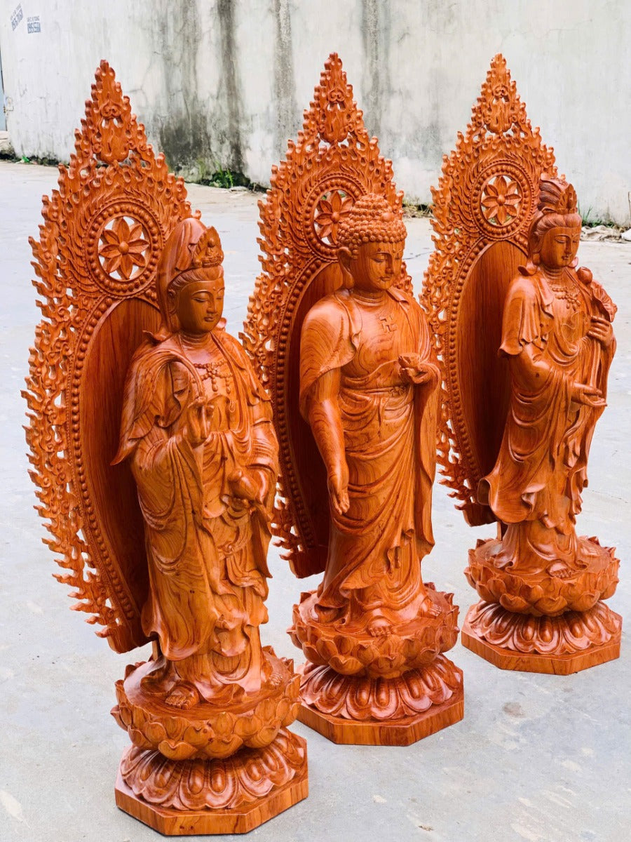 Tượng Phật Tây Phương Tam Thánh Gỗ Hương Cao 70 Có Lá Đề