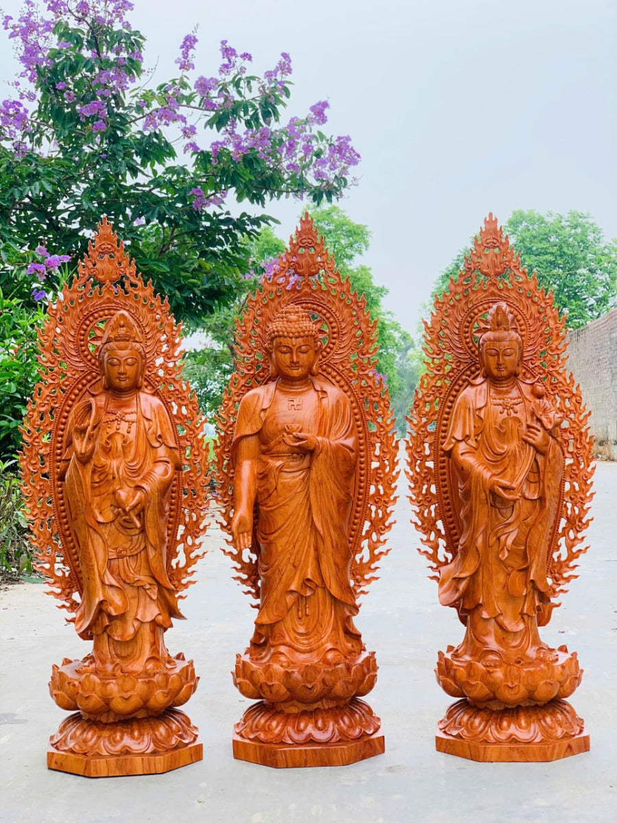 Tượng Phật Tây Phương Tam Thánh Gỗ Hương Cao 70 Có Lá Đề