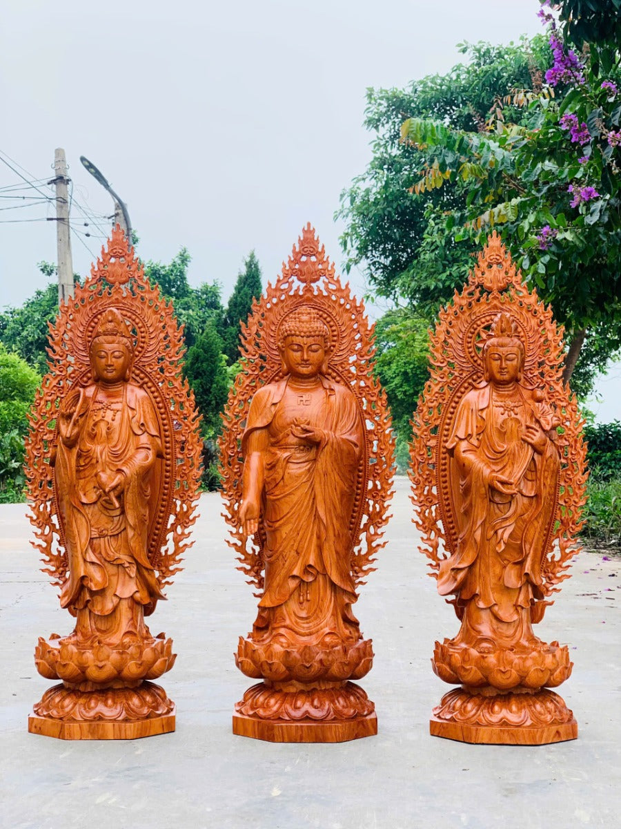 Tượng Phật Tây Phương Tam Thánh Gỗ Hương Cao 70 Có Lá Đề