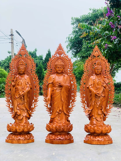 Tượng Phật Tây Phương Tam Thánh Gỗ Hương Cao 70 Có Lá Đề