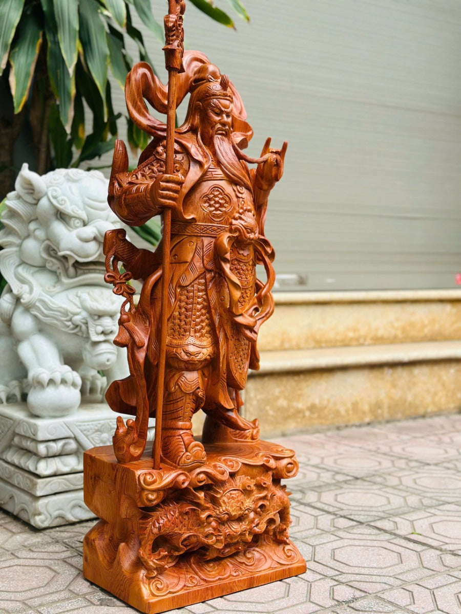 Tượng Quan Công  Quan Vân Trường Đứng Hổ Phù Cao 1m Gỗ Hương Đá