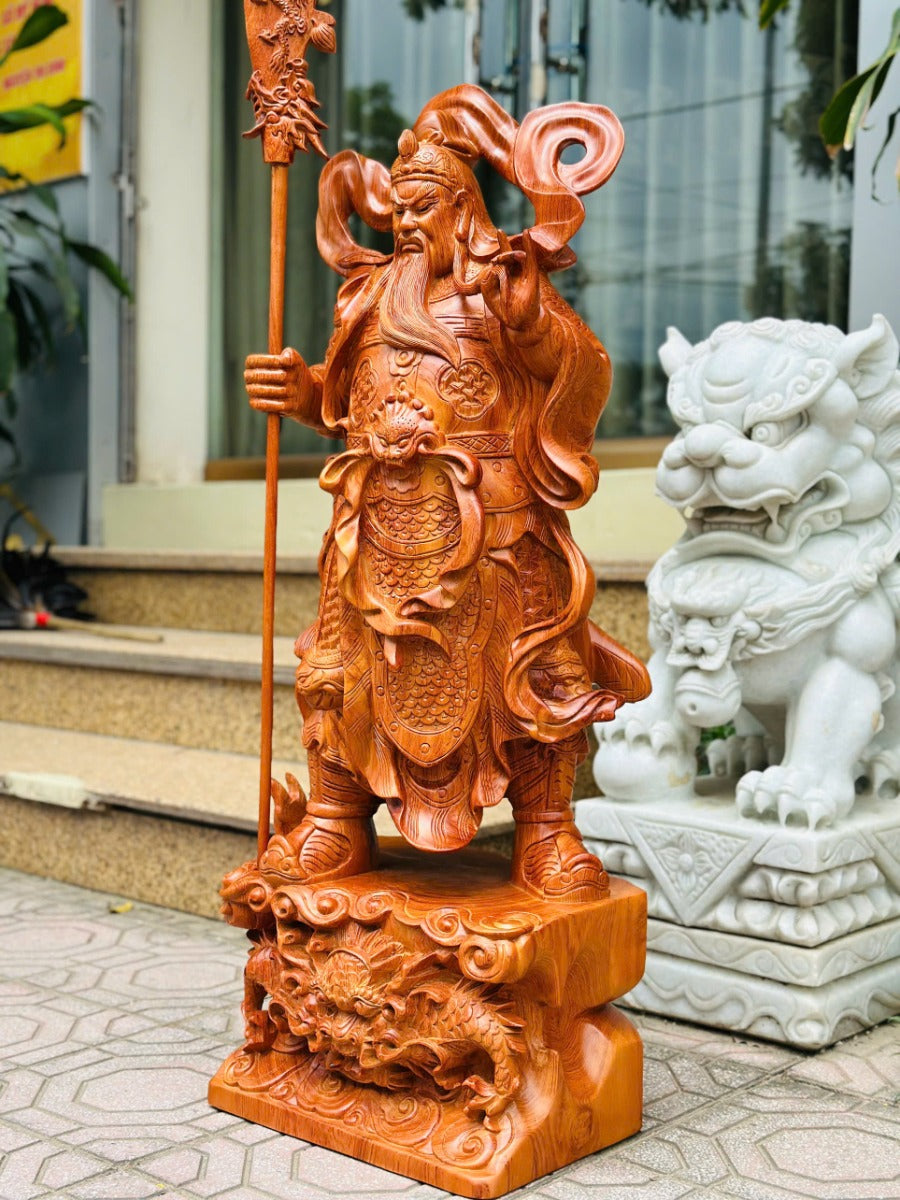 Tượng Quan Công  Quan Vân Trường Đứng Hổ Phù Cao 1m Gỗ Hương Đá
