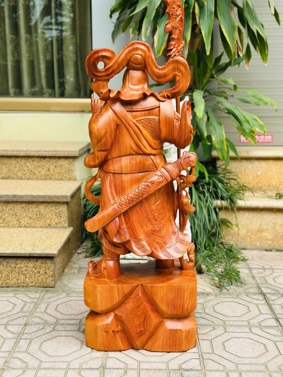 Tượng Quan Công  Quan Vân Trường Đứng Hổ Phù Cao 1m Gỗ Hương Đá
