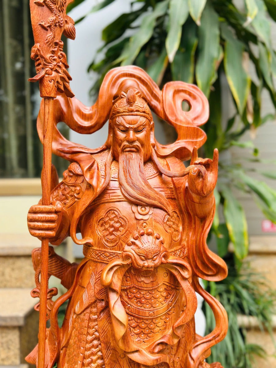 Tượng Quan Công  Quan Vân Trường Đứng Hổ Phù Cao 1m Gỗ Hương Đá